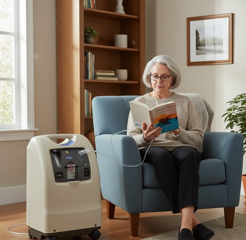 Relaxed Adult Sitting with Oxygen Therapy